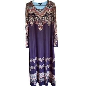 ShallWe Womens XL Boho Paisley Maxi Dress Purple Long‎ Sleeve Pockets California